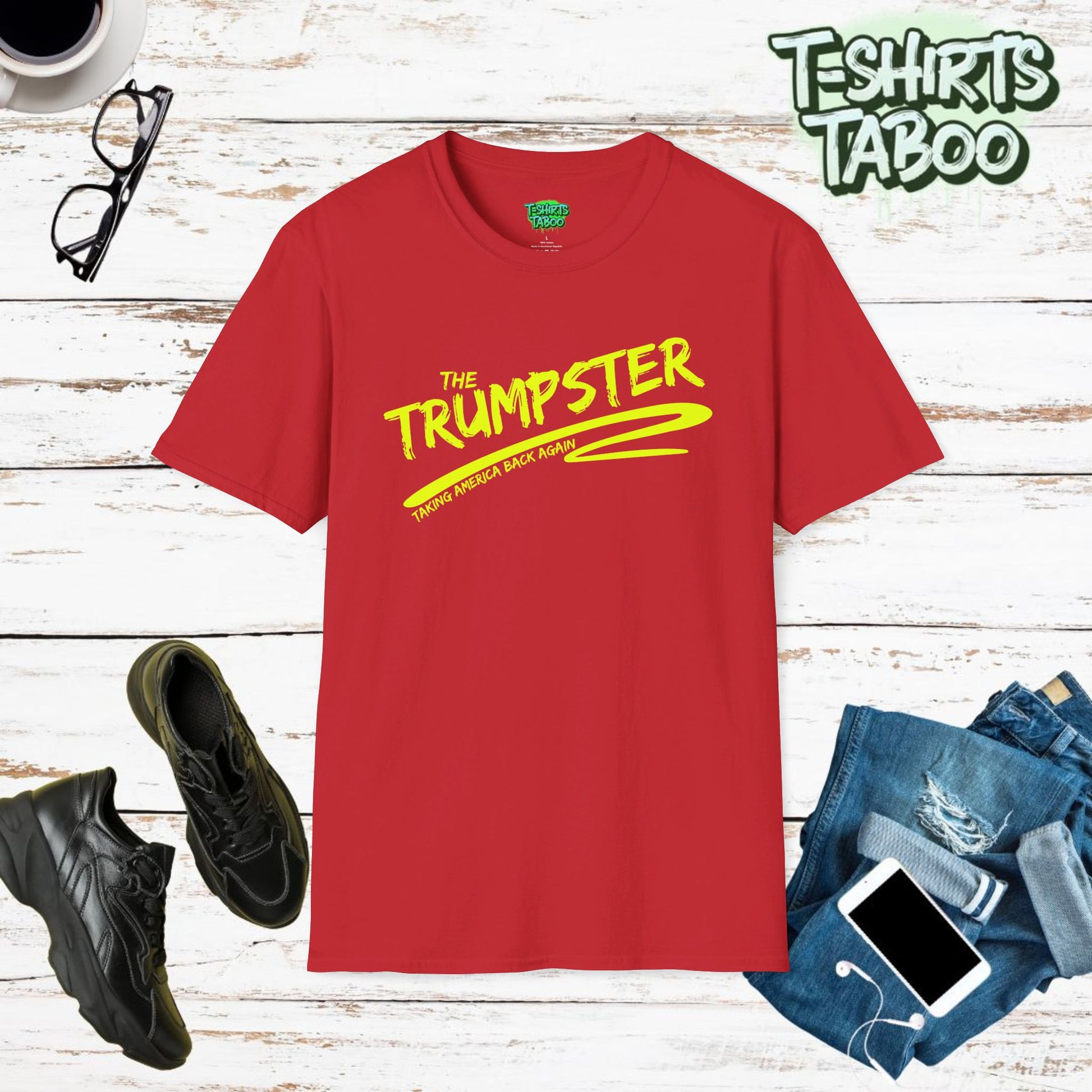 Show your lovingShow your love for Donald Trump in the 2024 election with this Take America Back tee. Featuring vibrant yellow text reading "The Trumpster taking America back again. support for Donald Trump in the 2024 election with this bold Trump tee. With vibrant yellow text that reads "The Trumpster taking America Back Again