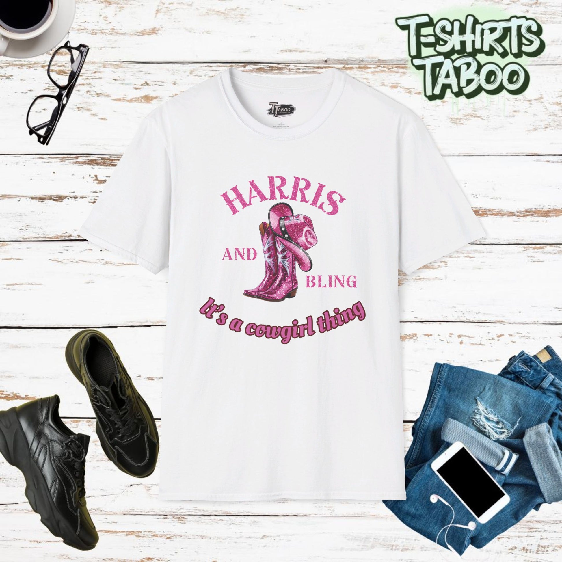 Harris and Bling, It's a Cowgirl Thing T-Shirt – Western shirts for women, with sizes XS-5XL show your support for Kamila Harris with this pink glitter effect shirt