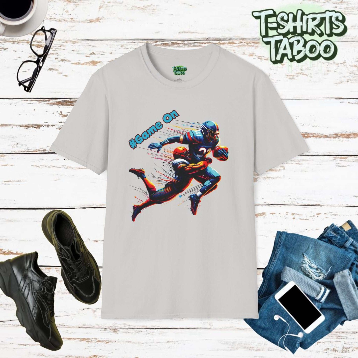 Game On American Football Shirt. Colourful Vibrant Stylish Graphic Tee, This t-shirt features a football player graphic and text Game on it's great for football fans