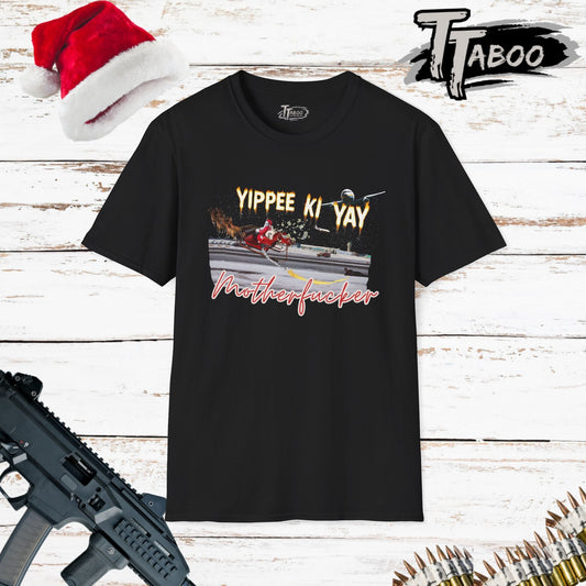 Treat your holiday wardrobe to our Die Hard Christmas Shirts, with a reamagined final scene involving a bad Santa with a bag of stolen cash. Unique to T-shirts Taboo. Black t-shirt