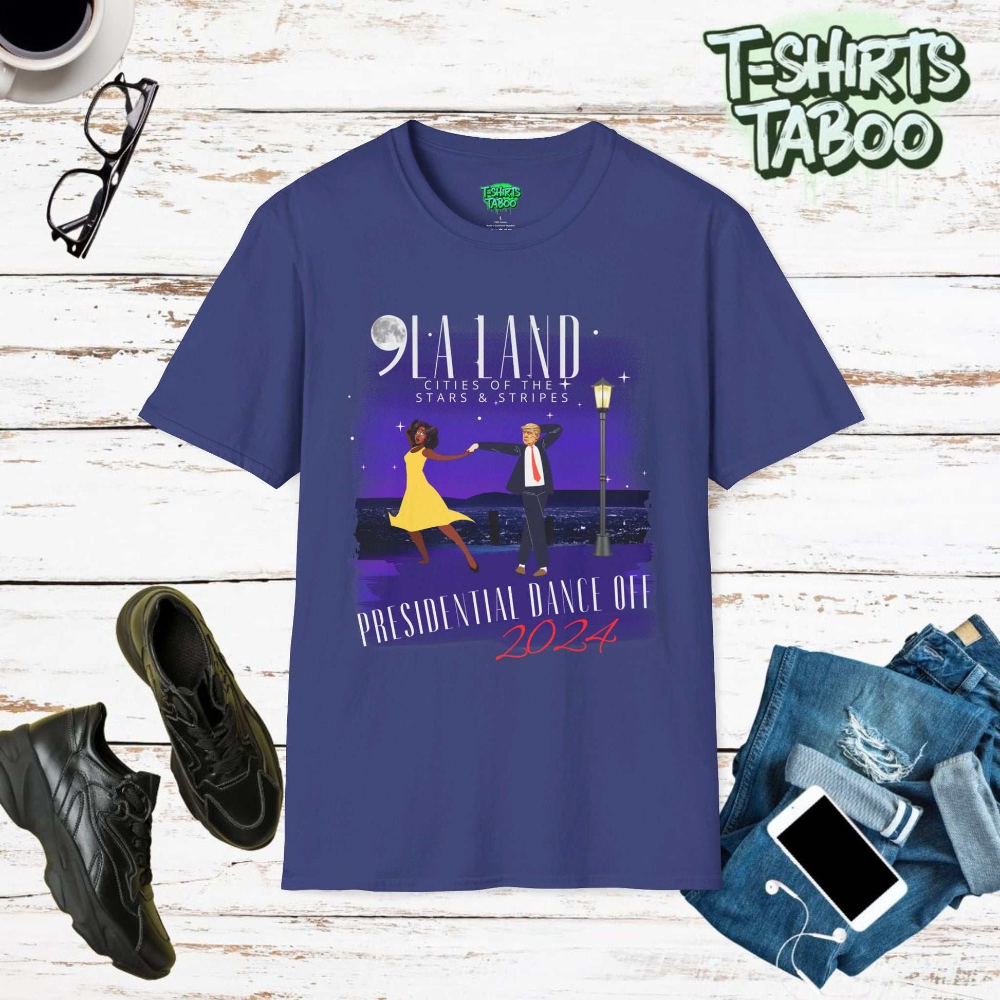 Kamala Harris Donald Trump United States Election 2024 T-shirt, crafted especially for Kamala supporters! This design showcases Kamala and Trump dancing in moonlight overlooking a city. With the text ,la land