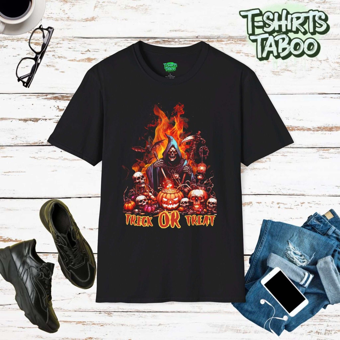 Trick or Treat HalloEmbrace the spooky vibes this season with our Trick or Treat - Skeleton Grim Reaper Halloween Shirts. This design showcases a chilling skeleton Grim Reaper and firesween Pumpkin Skelton Grim Reaper T-shirt.