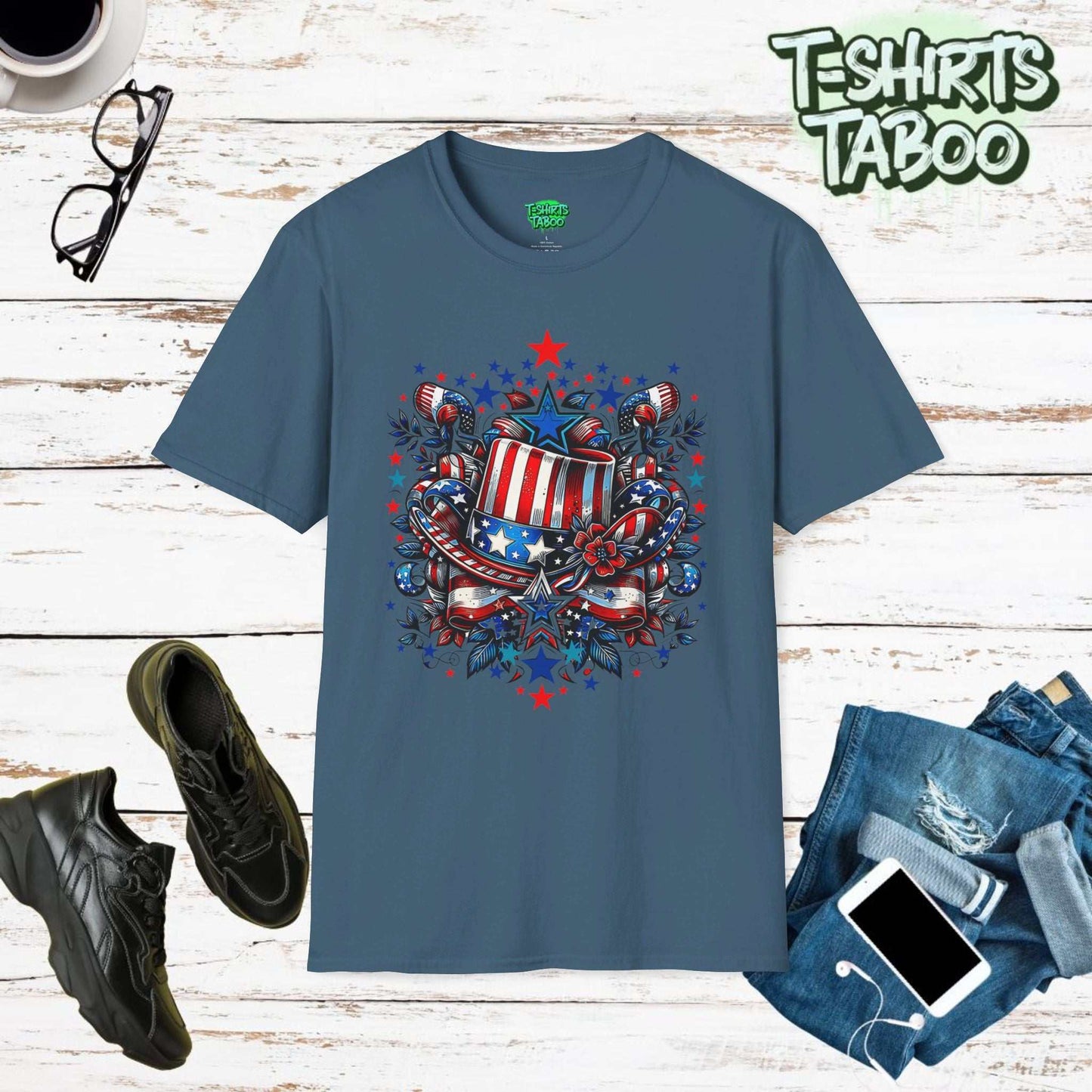 Uncle Sam is a unique worn and vintage look Uncle Sam t-shirt that also features Stars & Stripes  Perfect Independence Day 4th July gift idea for him or gift for her