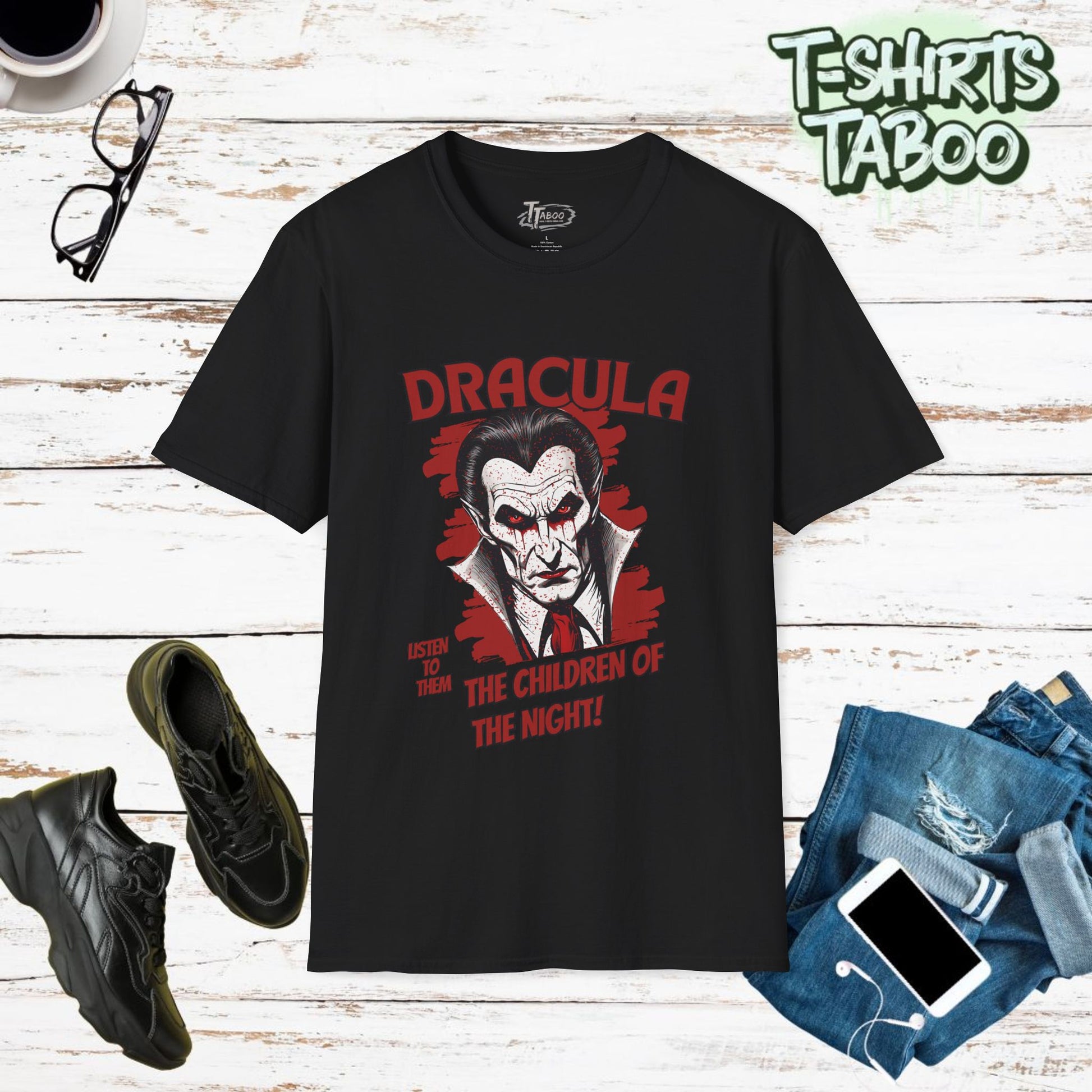 Treat yourself this Halloween with these eye-catching Dracula-themed Halloween shirts. Featuring Dracula & the iconic quote "Listen to Them,the Children of the Night