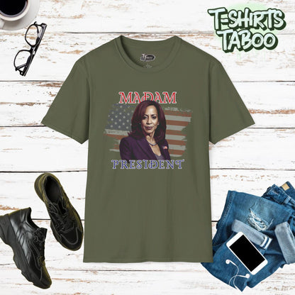 Madam President Patriotic Women's T-Shirt – Bold Leadership Graphic Tee Celebrate powerful leadership and make a statement with this Madam President Harris T-shirt! 