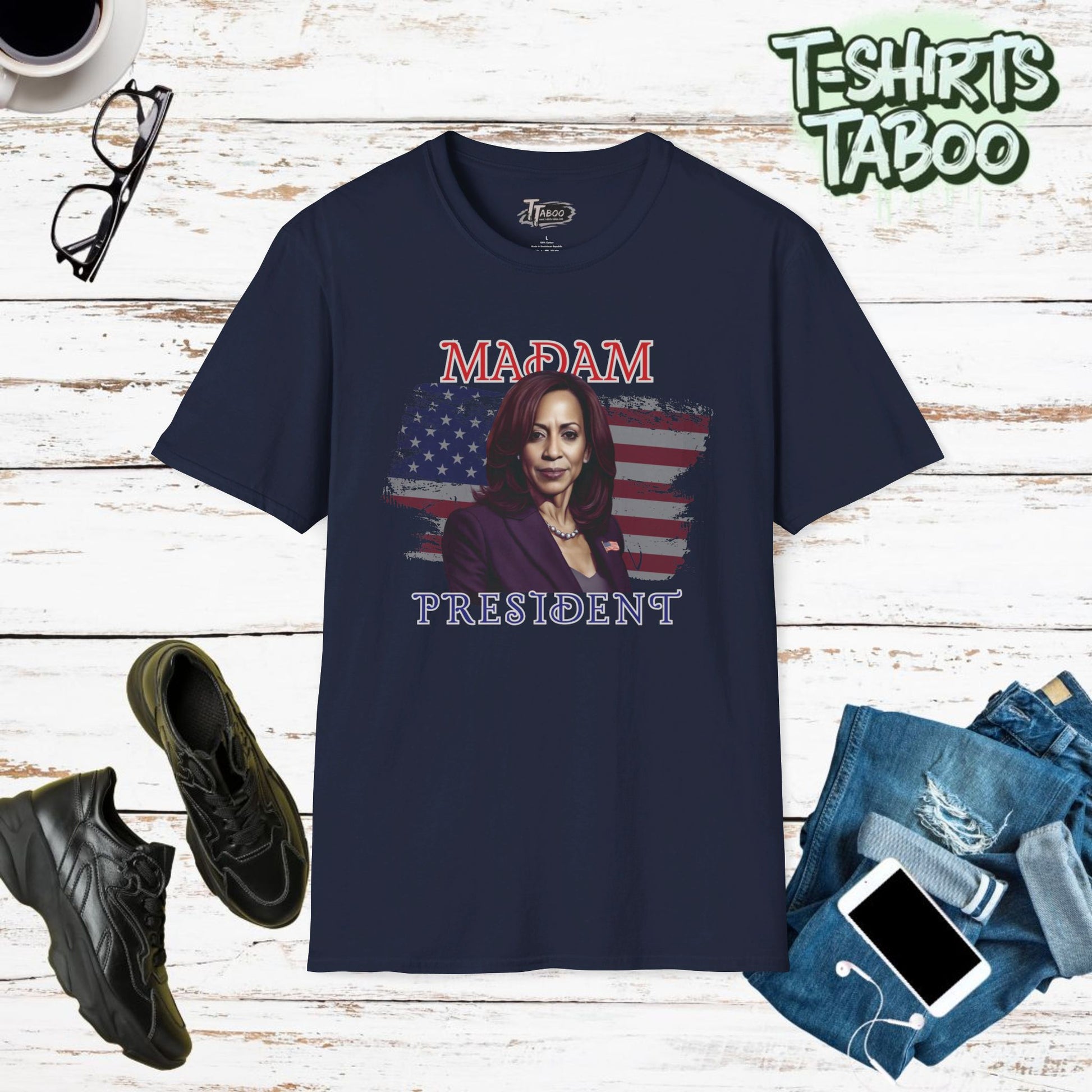 Madam President Patriotic Women's T-Shirt – Bold Leadership Graphic Tee Celebrate powerful leadership and make a statement with this Madam President Harris T-shirt! 