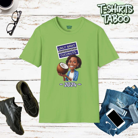 Kamala is Brat Coconut 2024 T-Shirt, a unique and playful homage to both political satire and classic TV nostalgia. T-shirt features Kamala Harris Holding a Coconut.