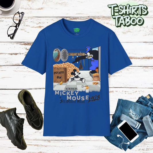 Introducing Mickey Mouse, celebrate the timeless charm of Mickey Mouse with this exclusive t-shirt featuring a iconic image from his debut in "Steamboat Willie."