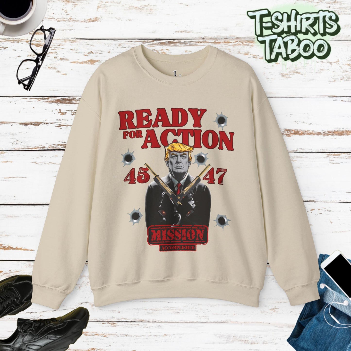 Celebrate record breaking returns with our clever political memorabilia 4547 Trump Sweatshirts with Donald Trump as the iconic Agent 47 holding duel Colt 45's Shop Now