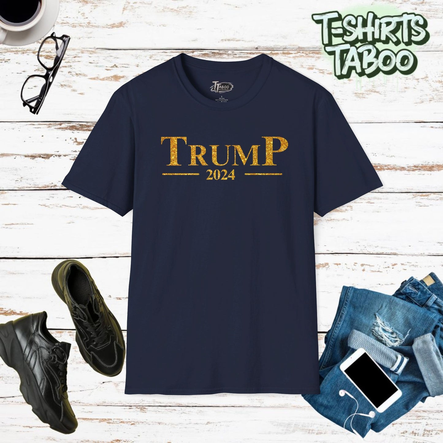 Trump shirt 2024 T-Shirt – Unisex, Sizes XS-5XL Show your support for Donald Trump with this stunning Trump 2024 t-shirt, featuring a bold gold glitter effect text.