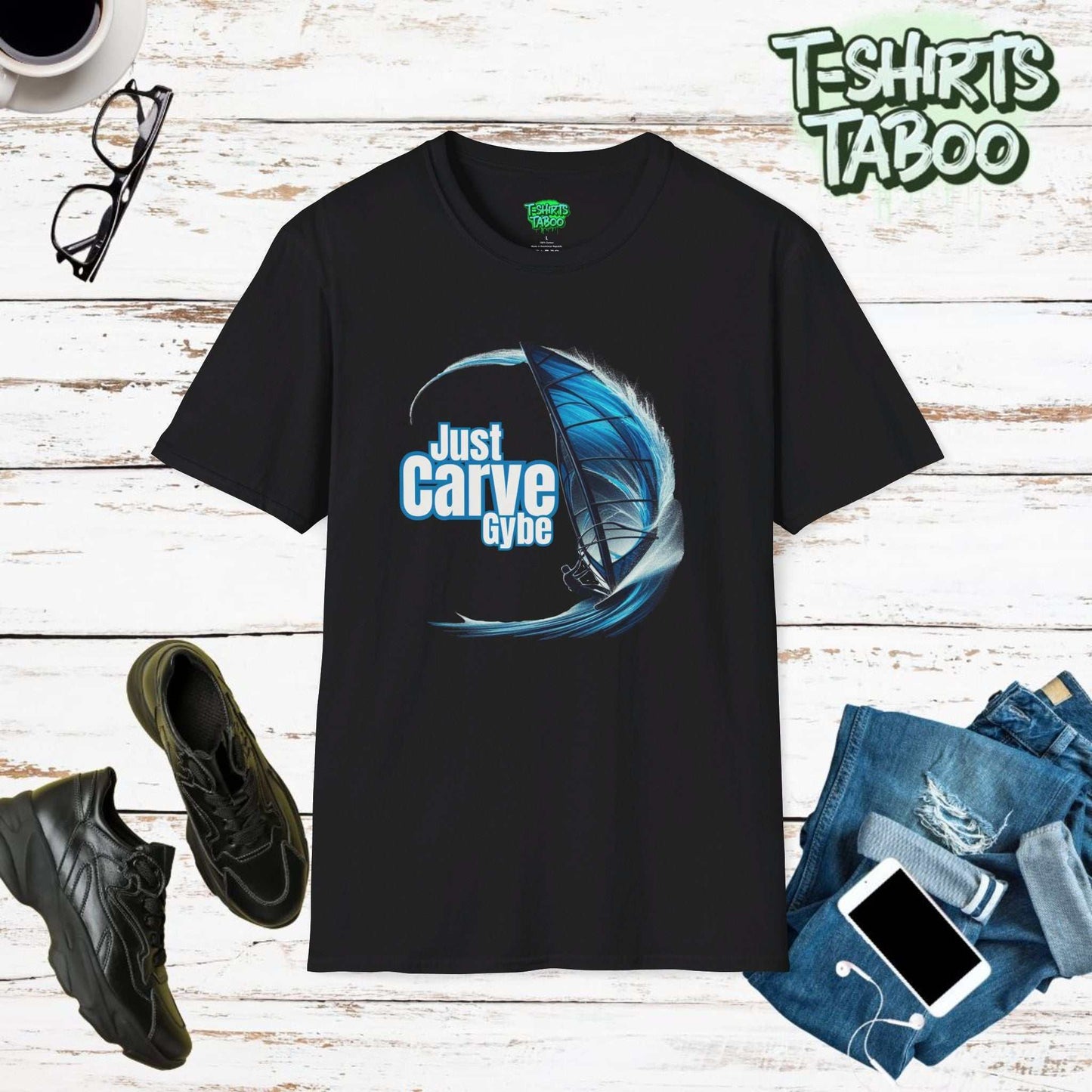 Carve Gybe T-shirt. Bold Windsurfing Tee, Surfer in Mid-Action Shirt Ideal gift for keen Windsurfers. Great Windsurfing surfer gift suitable for both men and women. 