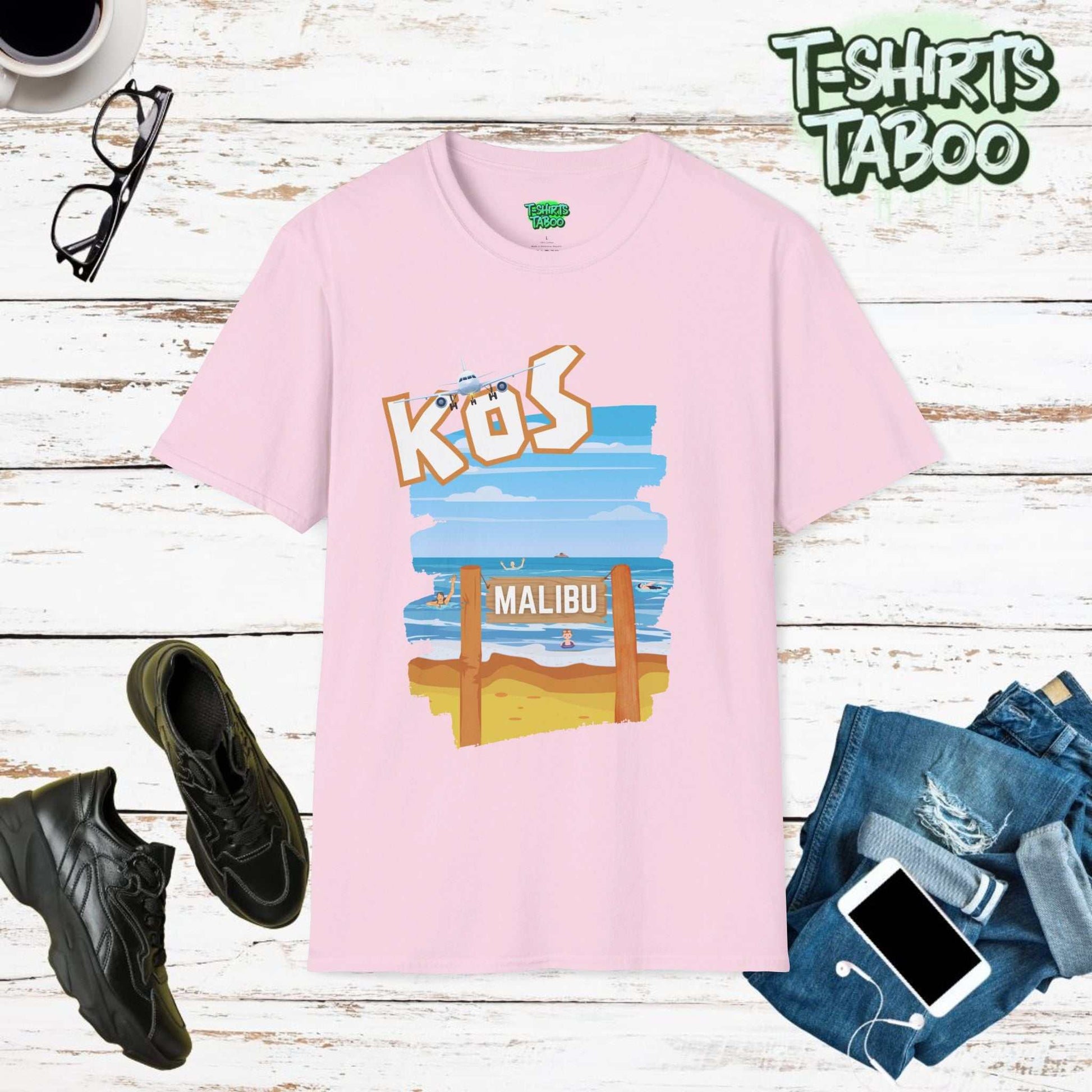 Malibu Short Sleeve Shirt with a graphic of holiday makers having fun on Malibu beach on the Greek Island of Kos - Shirt also has Kos at the top with a passenger jet