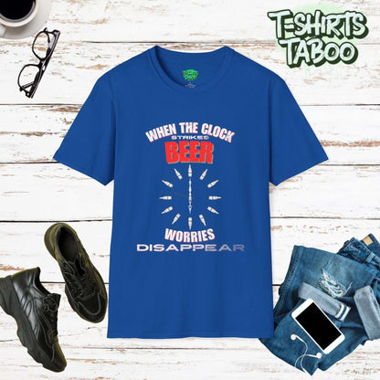 T-shirt with slogan When the clock strikes beer, worries disappear. Clear text statement t-shirt with a large graphic of a clock face with 12 beer bottles as numbers