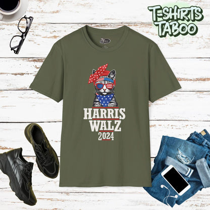 Show your support for Kamala Harris in the 2024 Presidential Election with this stylish and comfortable Harris Walz 2024 t-shirt! Featuring a cat. Childless Catlady