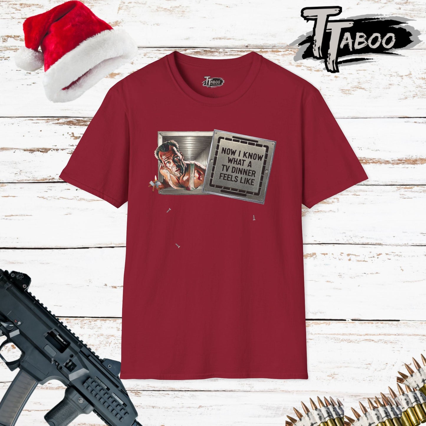 Our Die Hard Christmas Tee offers a alternative to the ho ho ho now i have a machine gun sweaters that are avalalible on the market. This tee design has the message "now i know how a tv dinner feels" on the front of the duct cover and the t shirt also features a message on the back "Come out to the coast, we'll get together, have a good time"