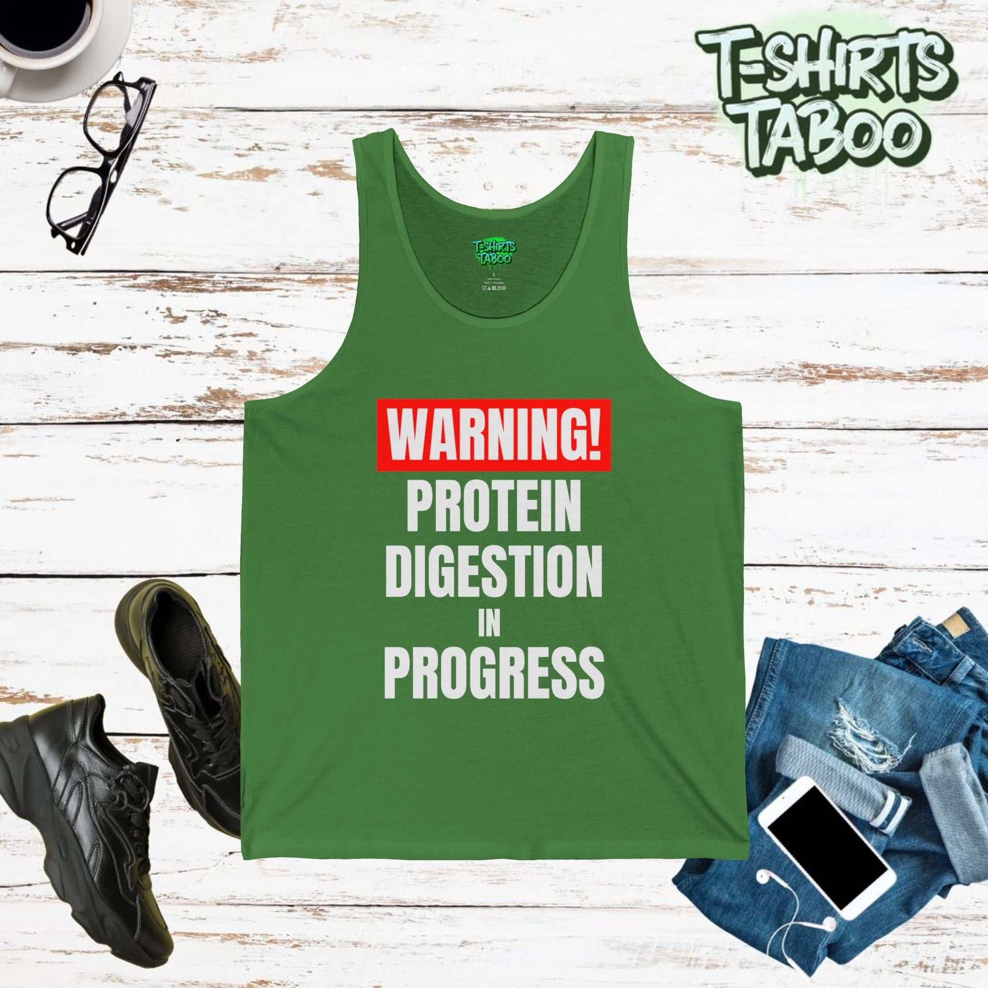 Workout tank top featuring the slogan Warning Protein digestion in progress. Clear and bold text statement tank.  Perfect gym goers, workouts or for fun casual wear.