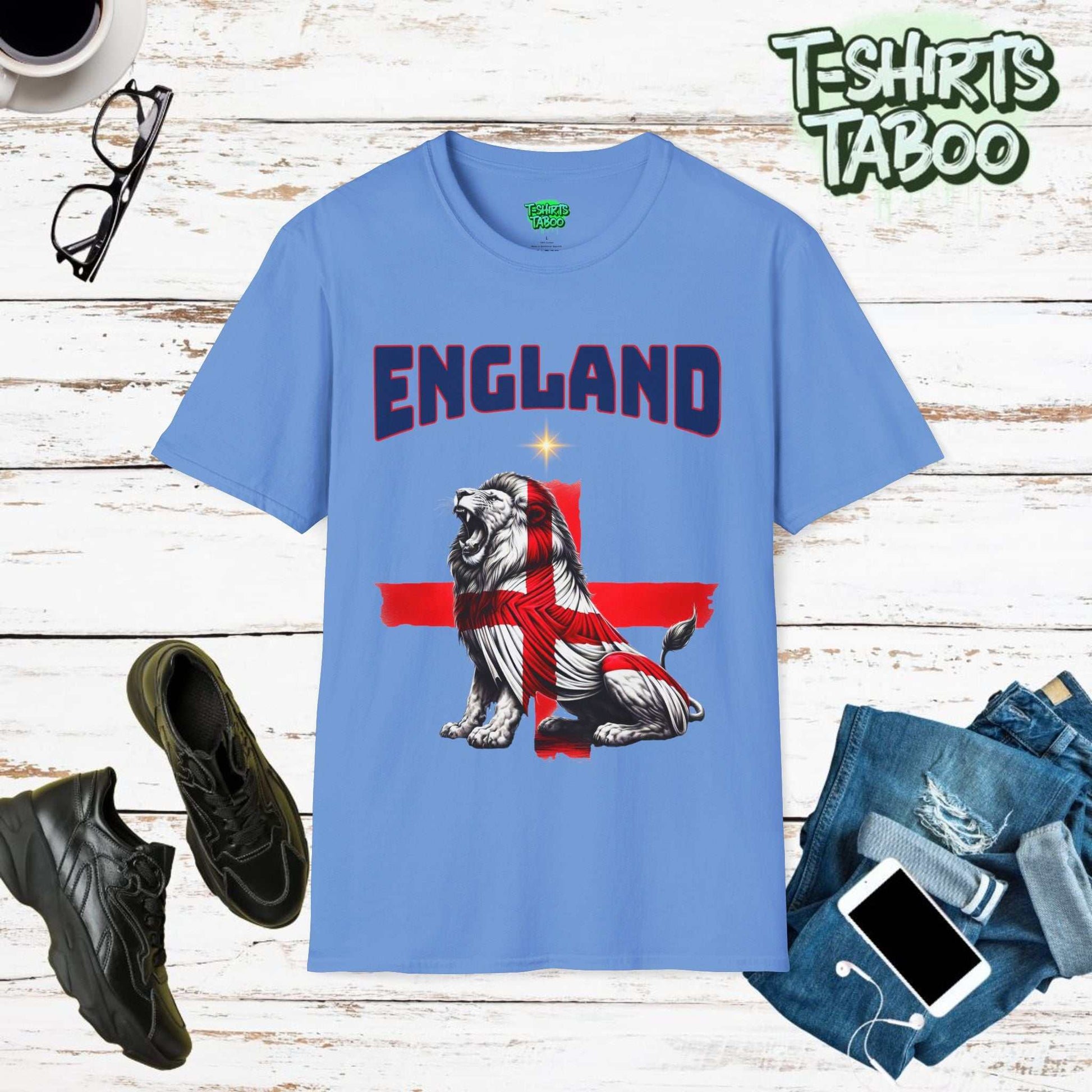 Roaring Lion Unique England Football Supporters Union Jack Flag Tshirtis a unique football t-shirt that is ideal for any England national football supporter and fans