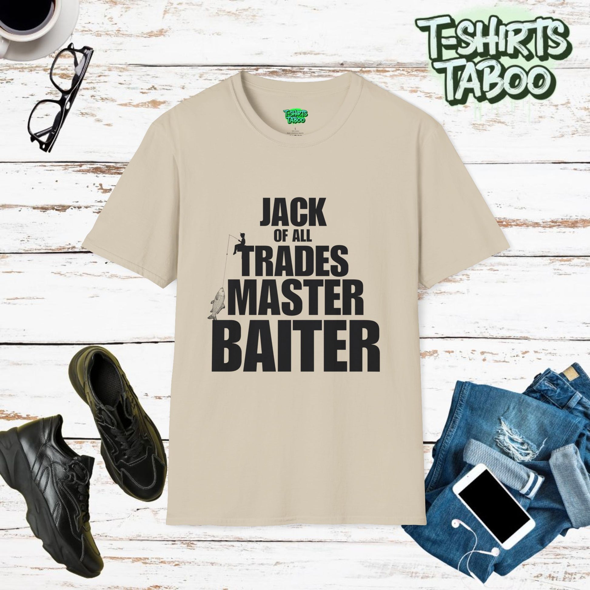 Stylish and unique fishing T-shirt by T-shirts Taboo saying the slogan Jack of all trades master baiter. Also has a graphic of a little boy fishing sitting on the T.