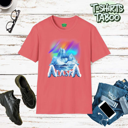 Experience Alaska glacier wild beauty with our Glacier Tee. Features frozen snow-covered text, a majestic glacier, and stunning Northern Lights. Perfect for nature lovers.