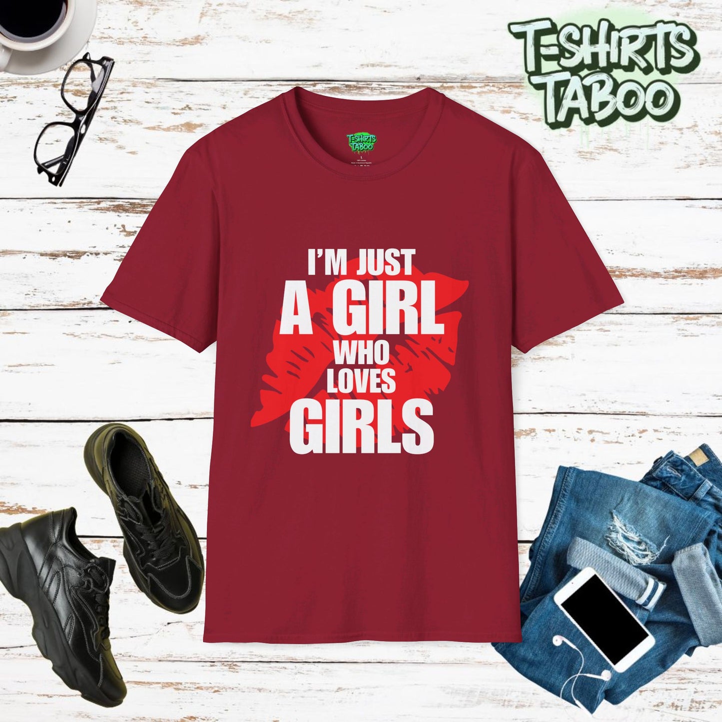 Stylish and unique T-shirt by T-shirts Taboo that showcases the slogan I’m just a girl who loves girls. A romantic text only statement t-shirt. Perfect for Gay Pride