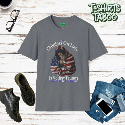 This Childless Cat Lady is Voting Trump T-Shirt Show your unique blend of political support and feline love with our "This Childless Cat Lady is Voting Trump" shirt.