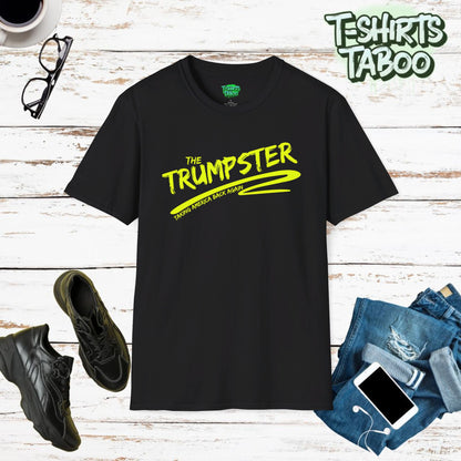 Show your loviShow your love for Donald Trump in the 2024 election with this Take America Back tee. Featuring vibrant yellow text reading "The Trumpster taking America back again.ng support for Donald Trump in the 2024 election with this bold Trump tee. With vibrant yellow text that reads "The Trumpster taking America Back Again