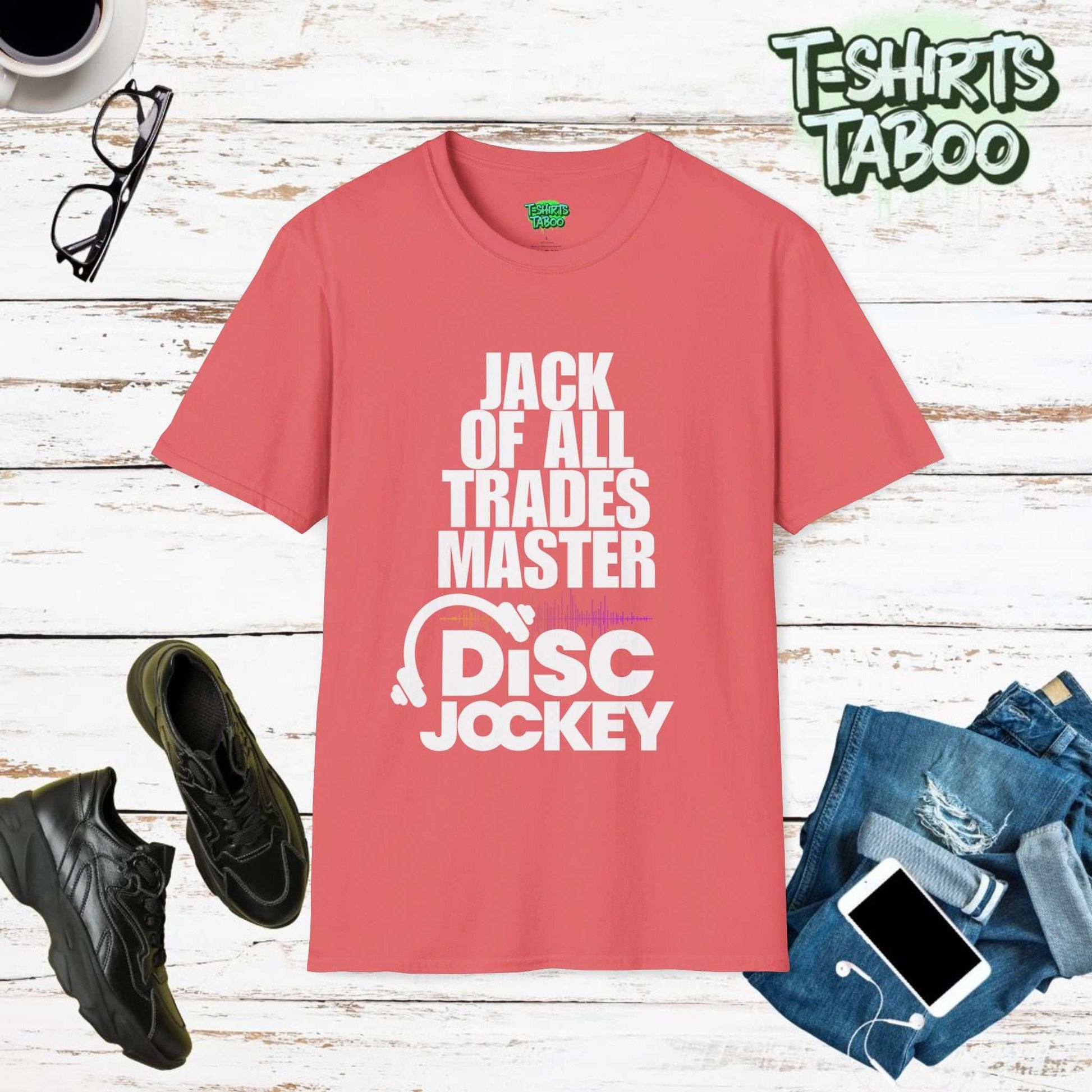 Jack Of All Trades Master of the Decks DJ Disc Jockey Headphone TShirt