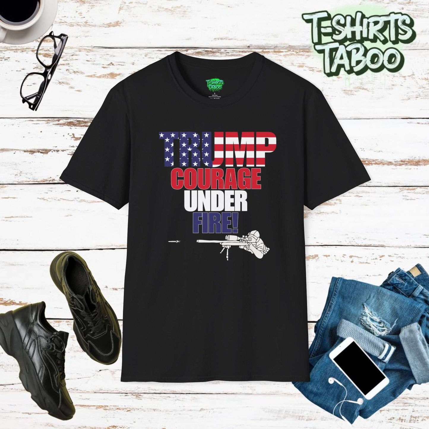 Show your support for Donald Trump with our "Courage Under Fire" t-shirt. Featuring bold Trump lettering and a striking sniper image. Perfect for any Trump supporter