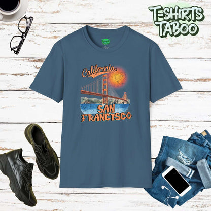 San Francisco California Golden Gate Bridge shirt captures the beauty and of San Francisco. This tee has California sweeping across the top of the Golden Gate Bridge