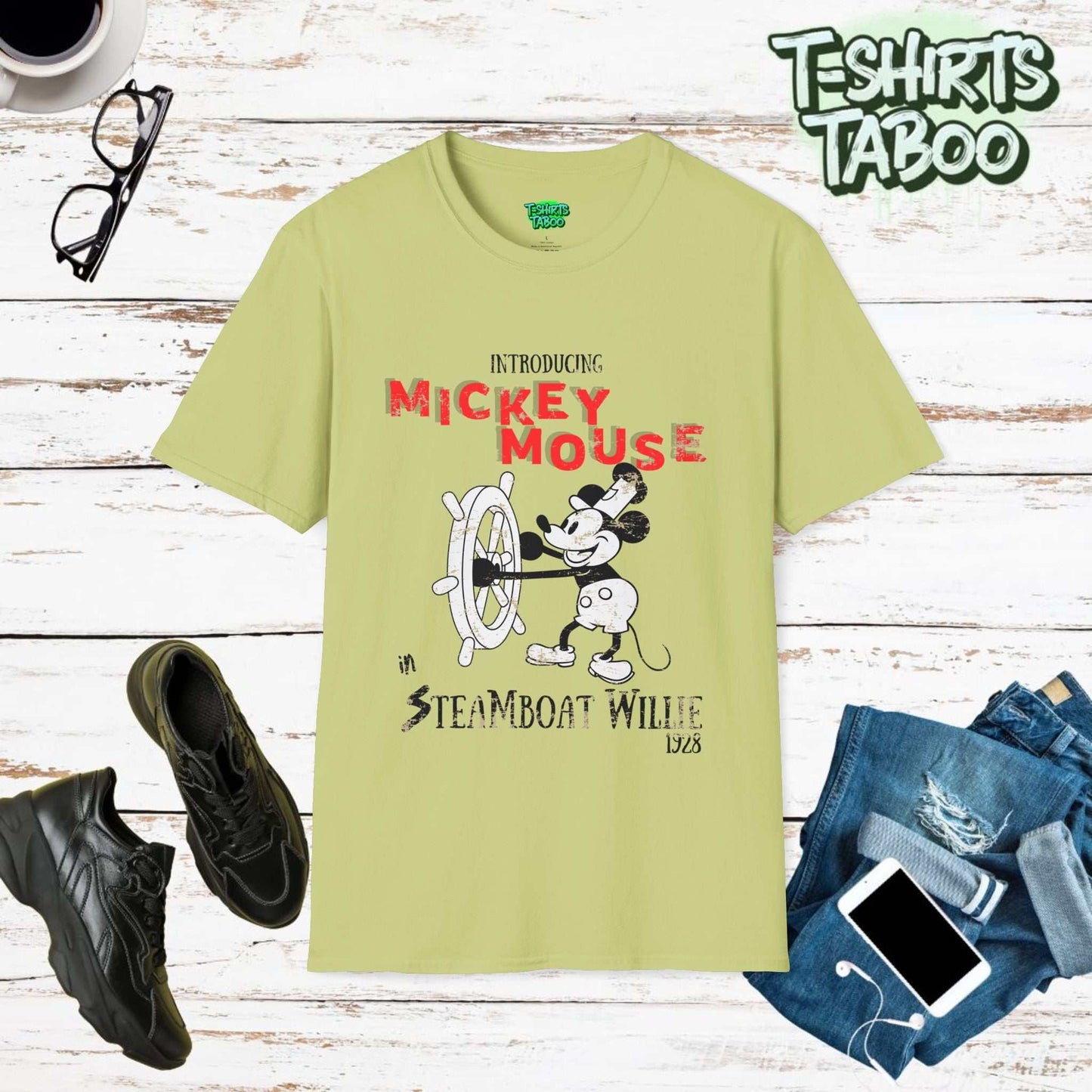 Celebrate Mickey Mouse's debut with our classic Steamboat Willie 1928 t-shirt. Vintage design, unmatched comfort, and ethically made for all Mickey fans old and new.