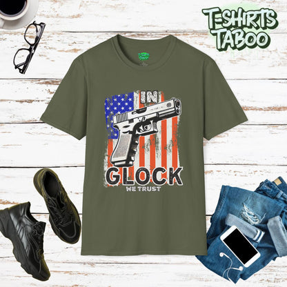 In Glock We Trust Shirt – Patriotic American Flag Gun Graphic Tee Show off your love for firearms patriotism or 2nd Amendment with this bold In Glock We Trust Tshirt