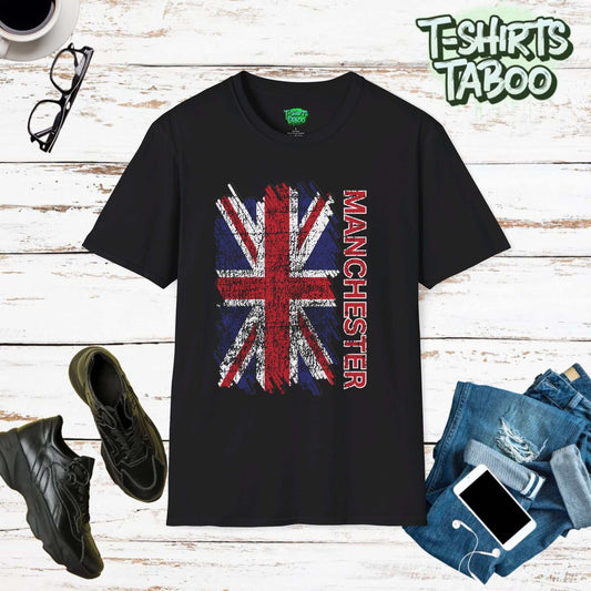 Celebrate British pride and heritage with our Union Jack Flag Distressed Style T-Shirt. This  tee has a beautifully distressed Union Jack flag, with text Manchester