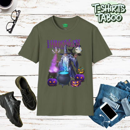 Embrace the magic of Halloween with our Halloween shirts. The Happy Halloween Wizard and Cauldron T Shirt is a enchanting design with mystical wizard casting spells.