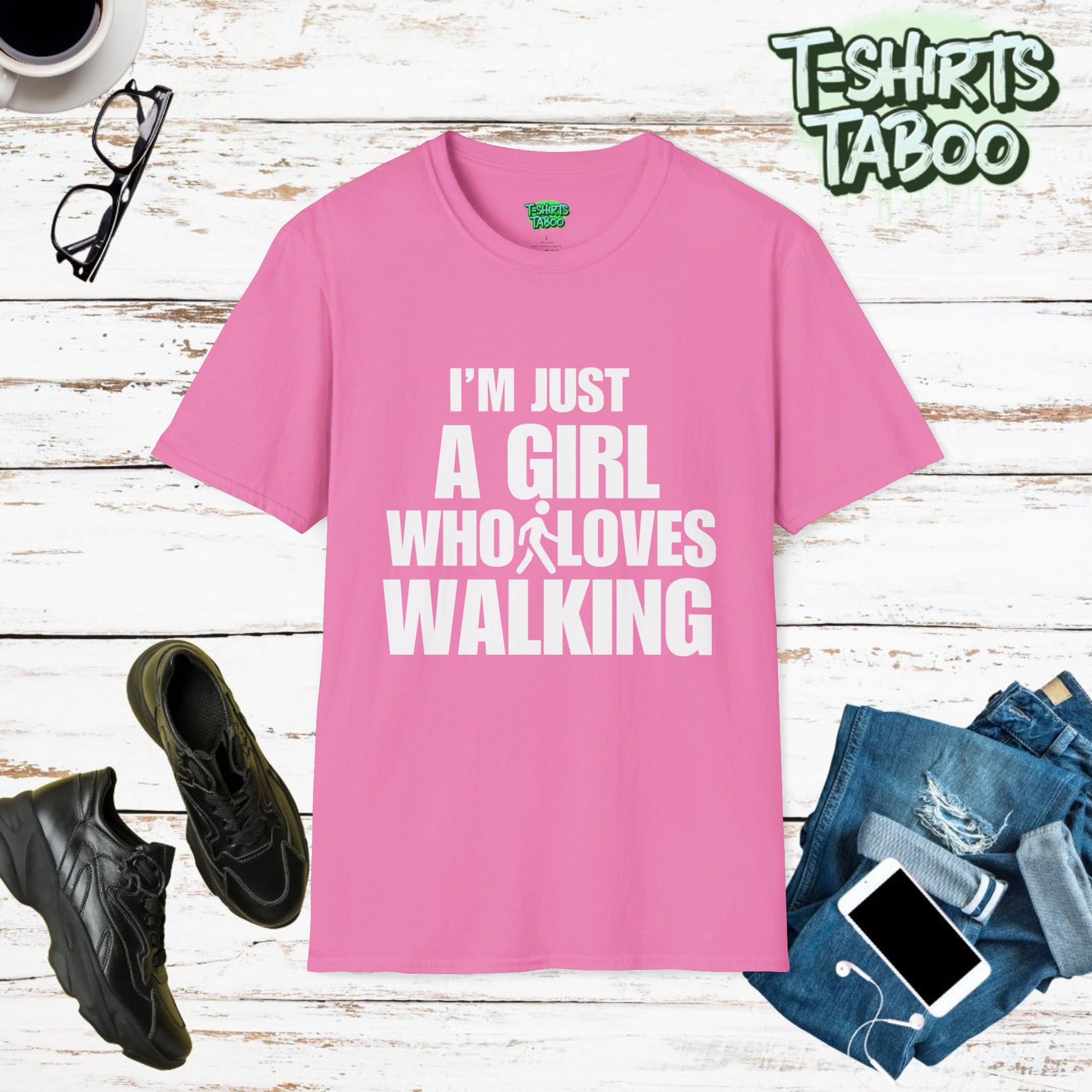 Stylish and unique T-shirt by T-shirts Taboo showing the slogan I’m just a girl who loves walking. Clear and bold texts only statement t-shirt.  Perfect casual wear.