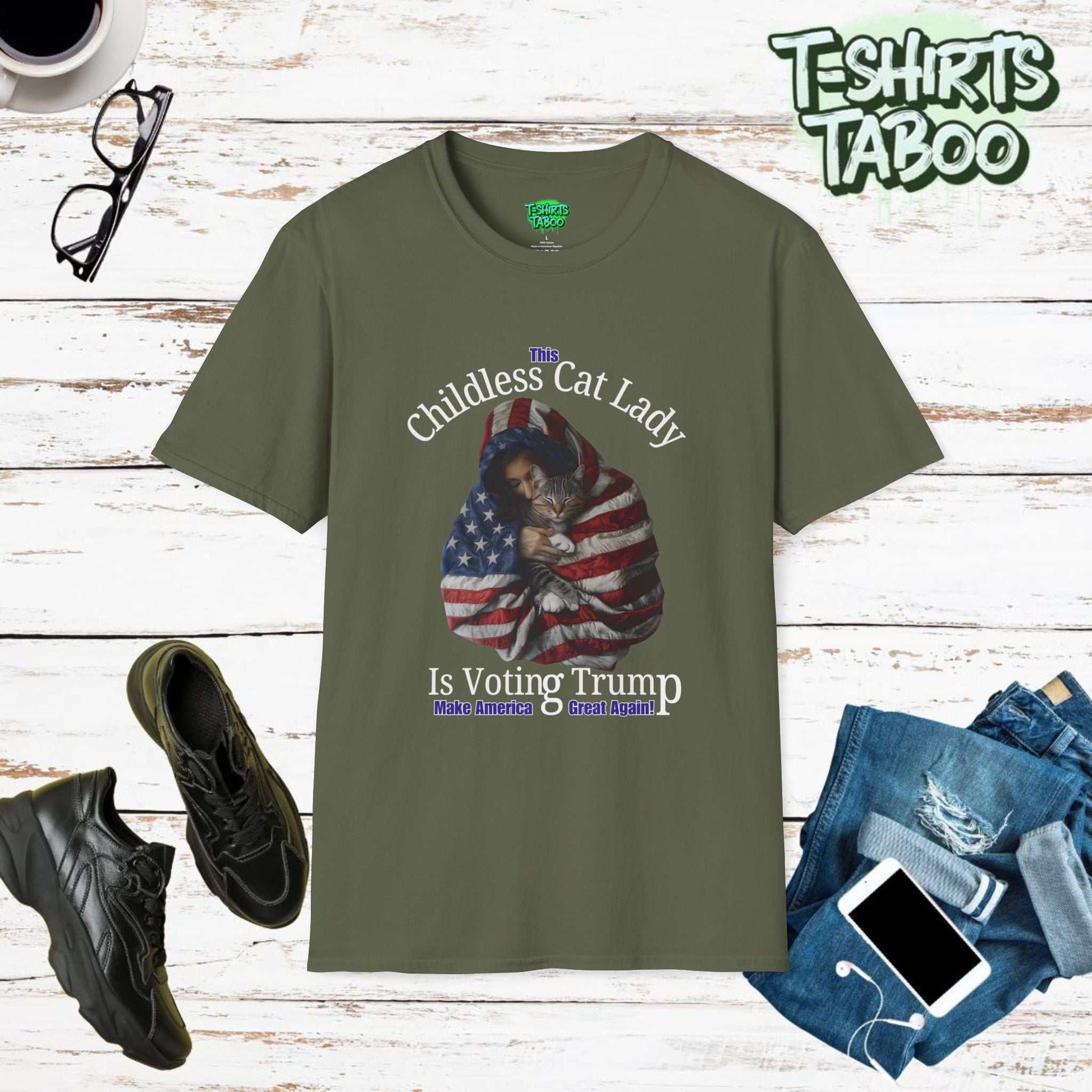 This Childless Cat Lady is Voting Trump T-Shirt Show your unique blend of political support and feline love with our "This Childless Cat Lady is Voting Trump" shirt.