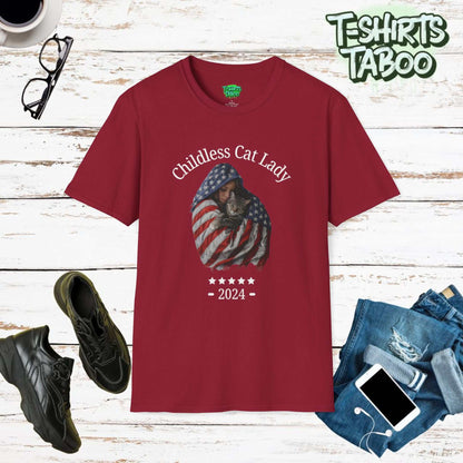 Embrace your love for cats and your pride in being a childless lady with our lovely & charming Childless Cat Lady 2024 United States  Stars and Stripes flag T-Shirt.