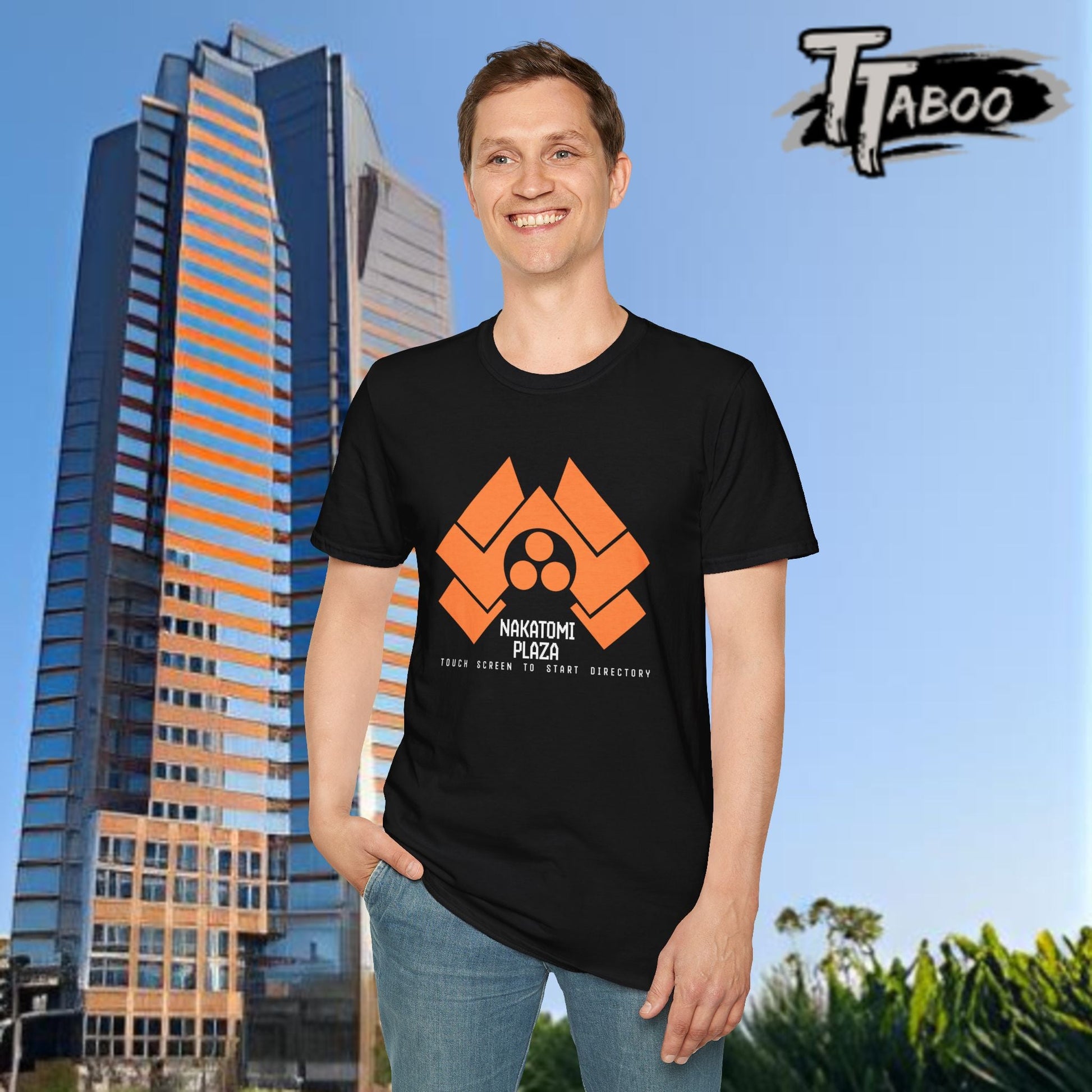 Step into the action of Die Hard with our Nakatomi Plaza Die Hard T Shirt, inspired by the iconic moment when John McClane first arrives at Nakatomi Plaza.