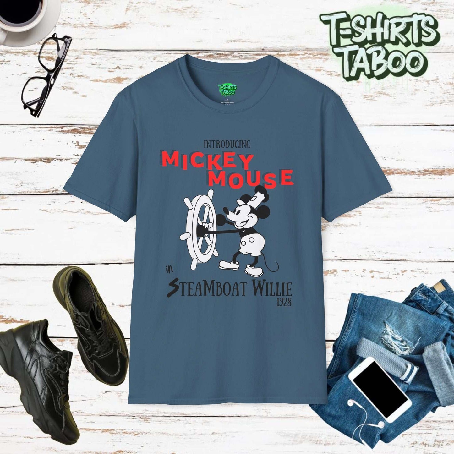 Celebrate Mickey Mouse's debut with our classic Steamboat Willie 1928 t-shirt. Vintage design, unmatched comfort, and ethically made for all Mickey fans old and new.