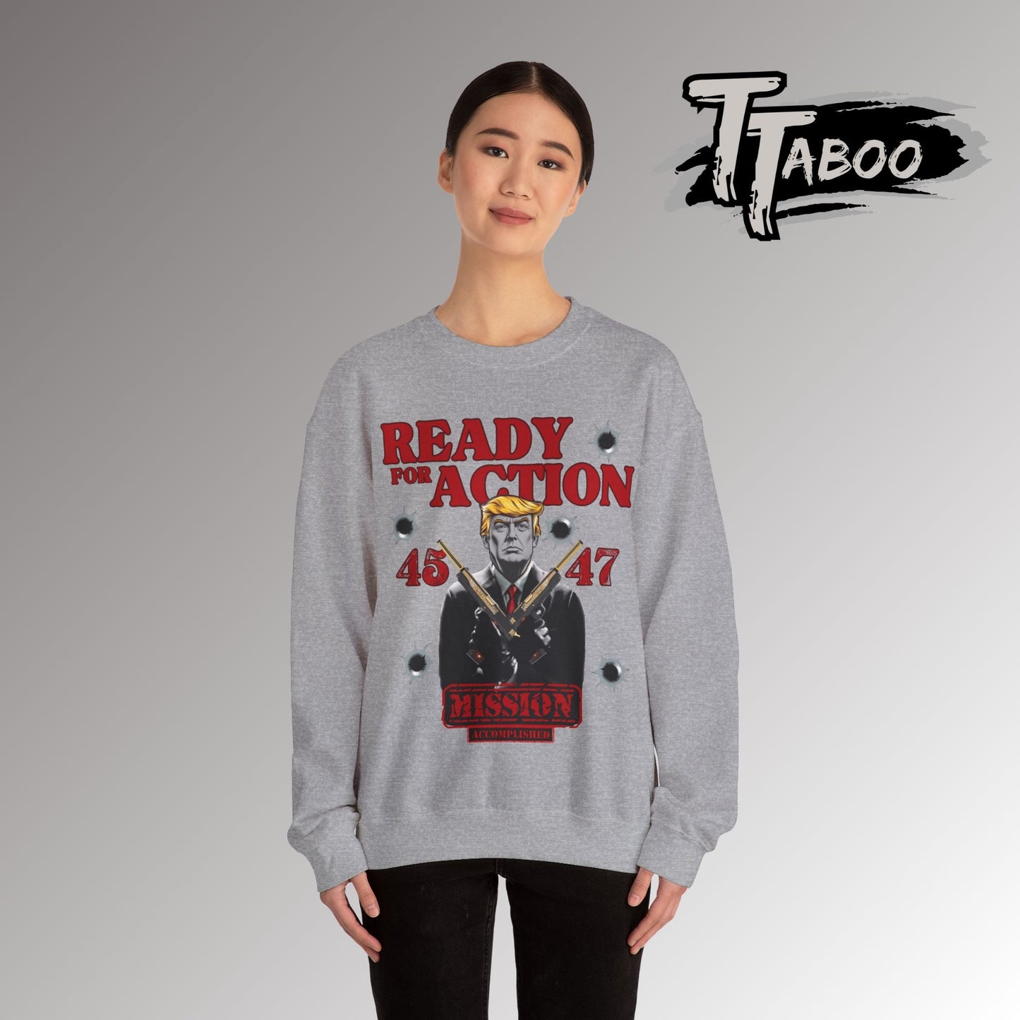 Celebrate record breaking returns with our clever political memorabilia 4547 Trump Sweatshirts with Donald Trump as the iconic Agent 47 holding duel Colt 45's Shop Now