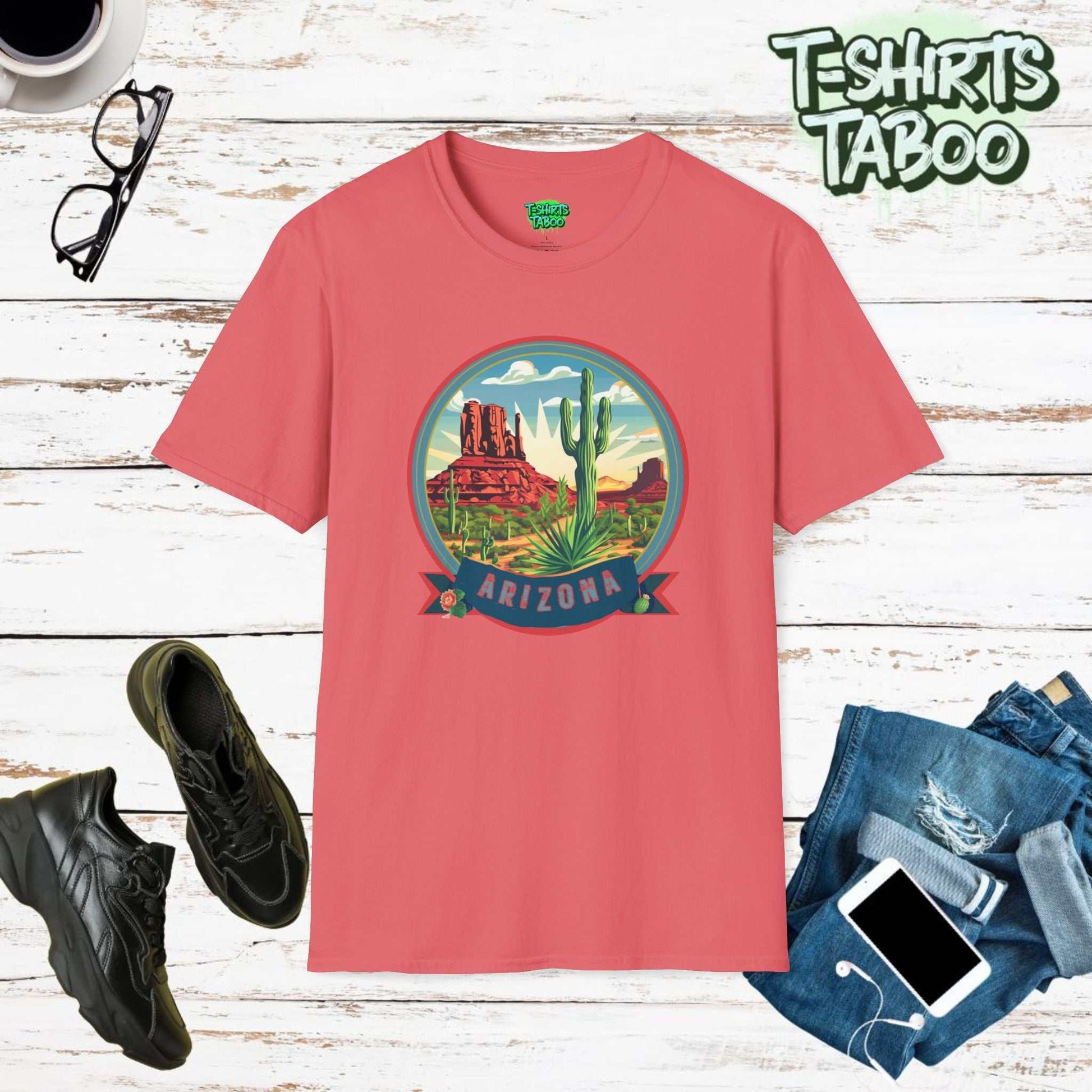 Arizona soft t-shirt, designed to captivate and inspire. This exclusive tee features ++bold text of Arizona with a stunning image of canyons and a dessert landscape.