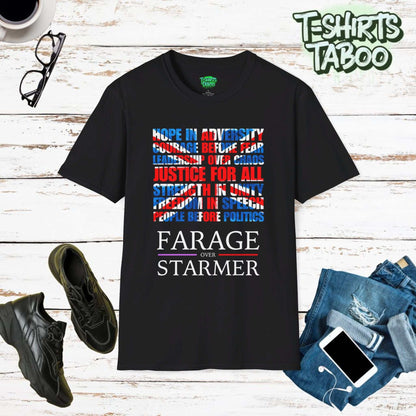 Nigel Farage t-shirt that embodies values & vision for a revitalized UK. A eye-catching tee with a dynamic Union Jack, cleverly made from bold inspirational phrases