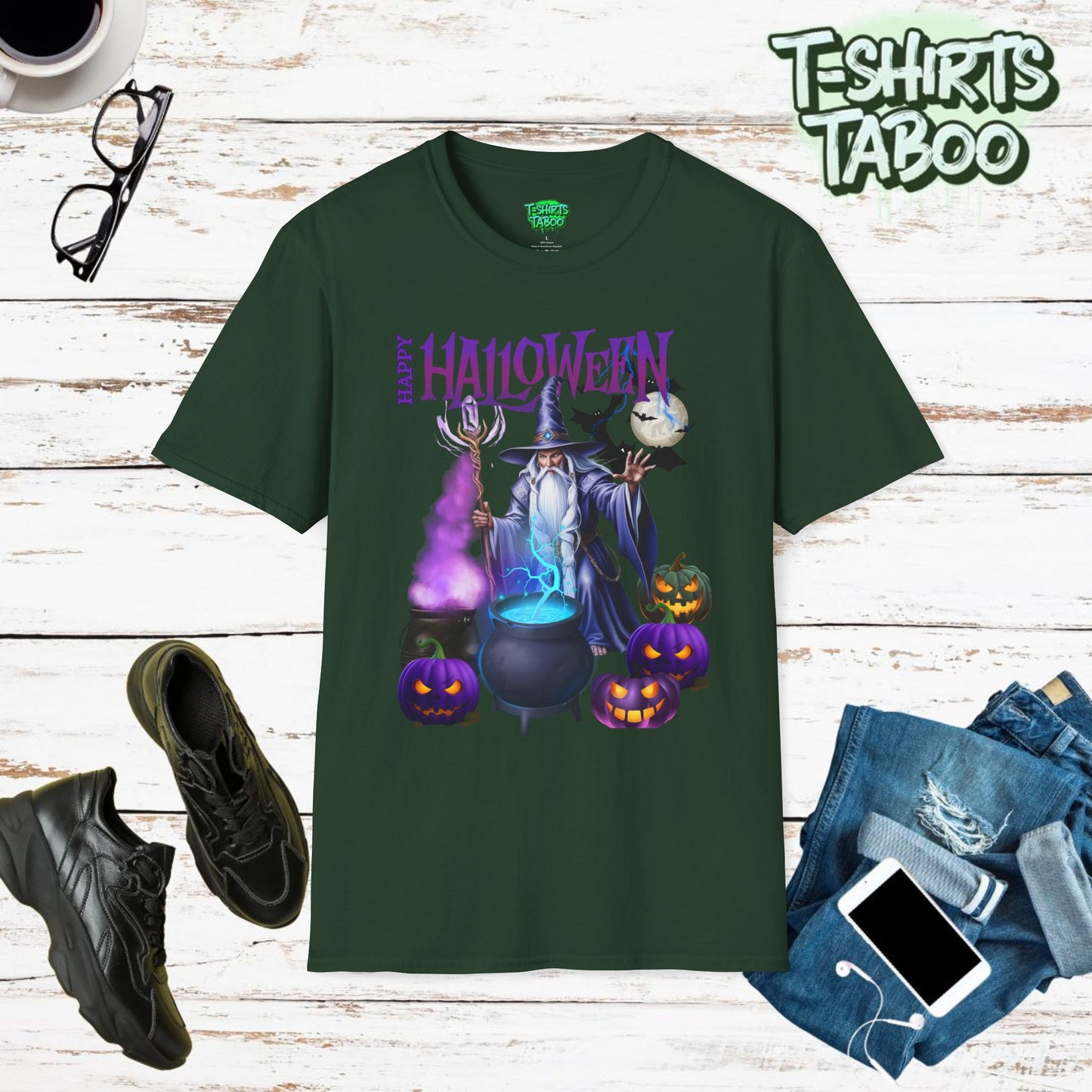 Embrace the magic of Halloween with our Halloween shirts. The Happy Halloween Wizard and Cauldron T Shirt is a enchanting design with mystical wizard casting spells.