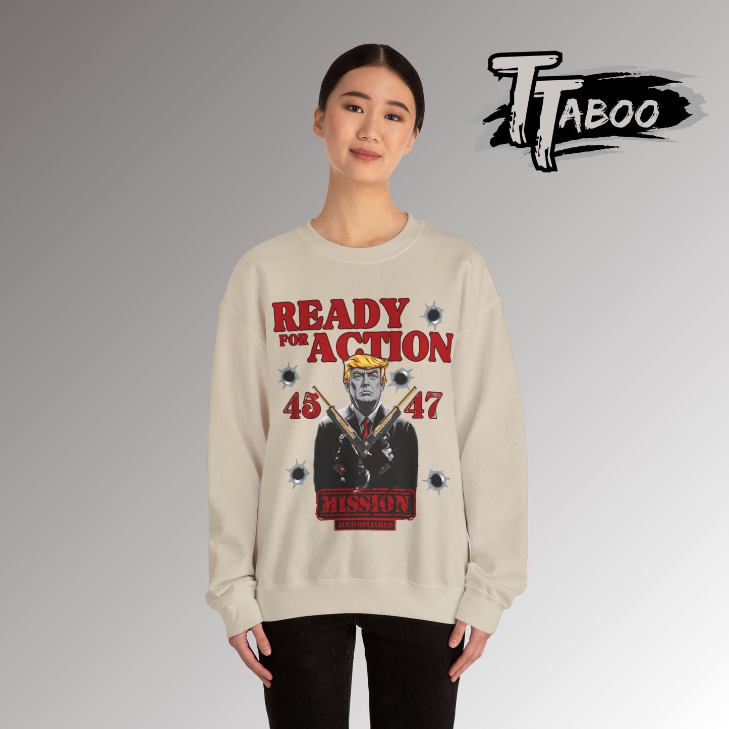 Celebrate record breaking returns with our clever political memorabilia 4547 Trump Sweatshirts with Donald Trump as the iconic Agent 47 holding duel Colt 45's Shop Now