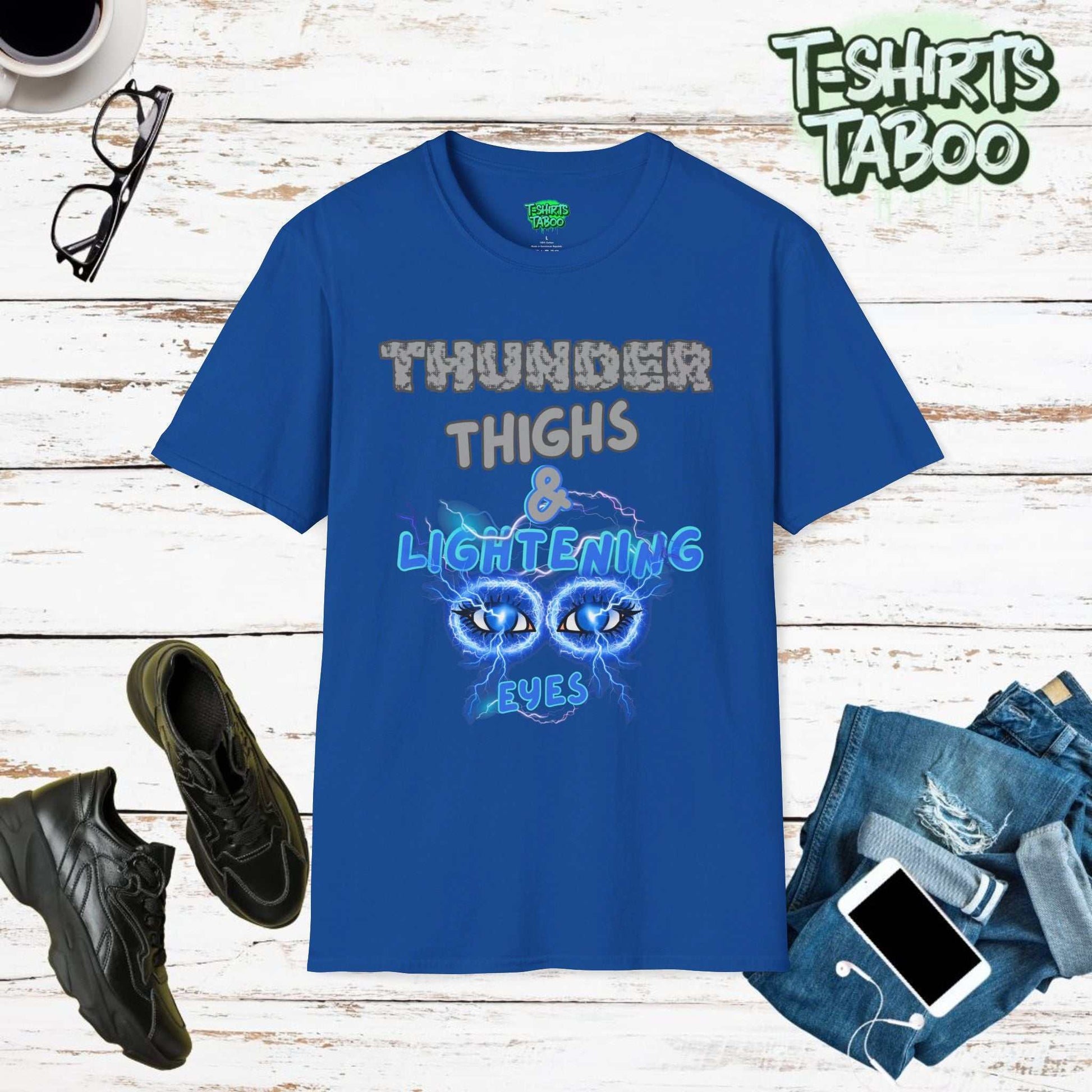 Embrace your power with our "Thunder Thighs & Lightning Eyes" t-shirt. A bold, unique shirt design that celebrates your strength and your confidence along with style