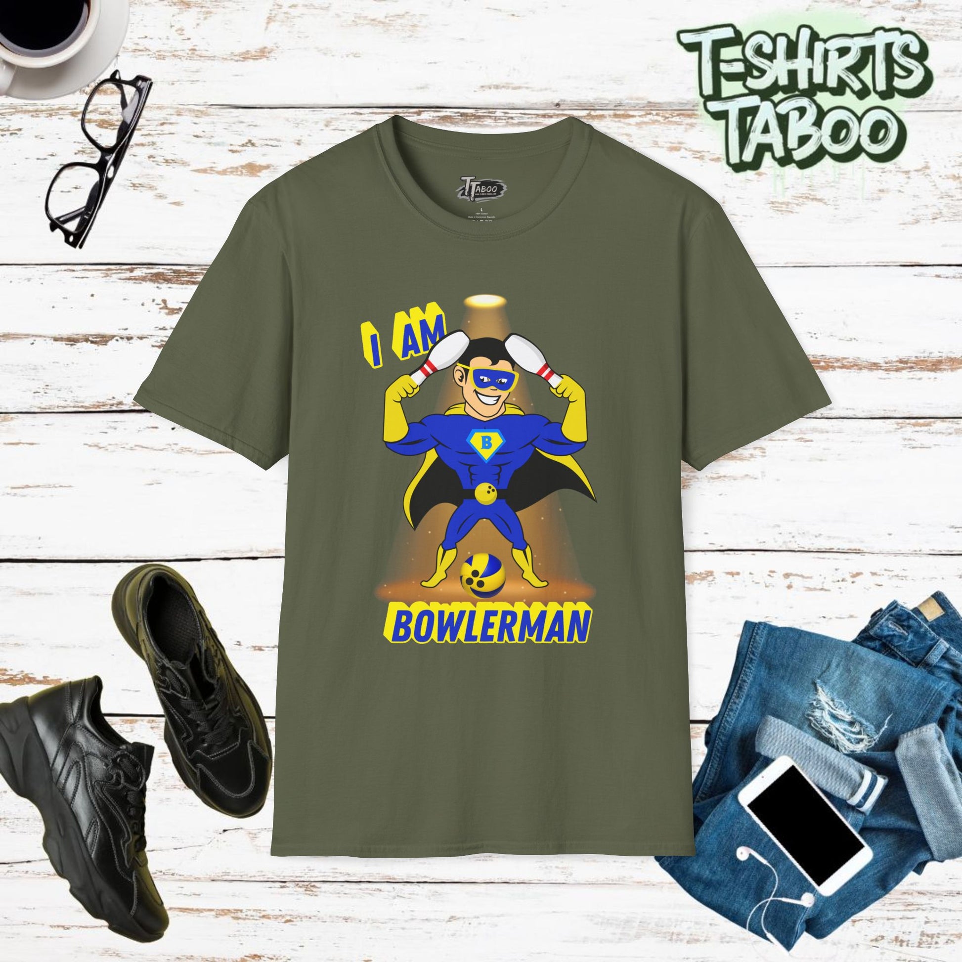 Bowling Shirt  Add a touch of fun to your wardrobe with our Superhero bowling shirt. Perfect for bowling enthusiasts, this Bowling shirt features a bowling superhero