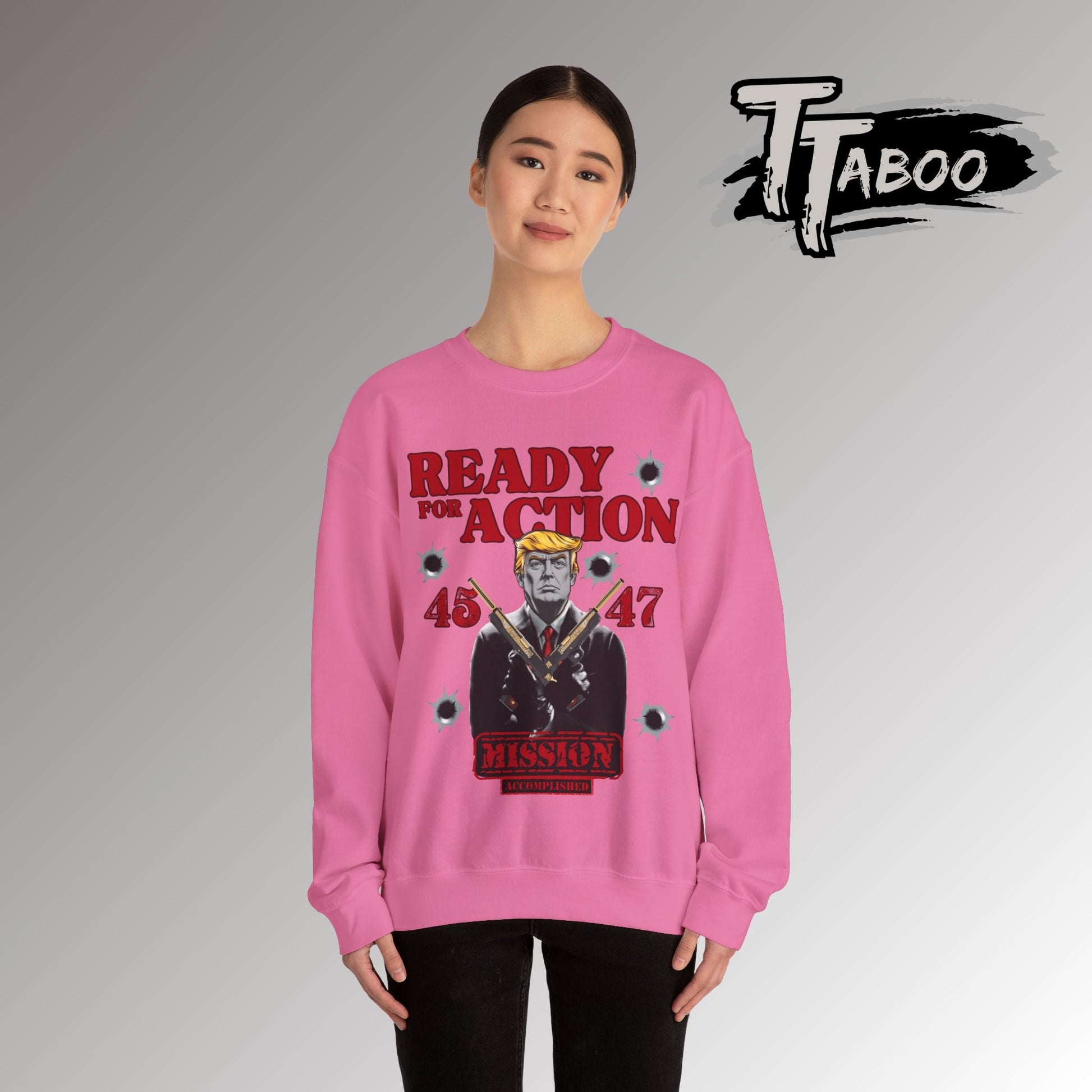 Celebrate record breaking returns with our clever political memorabilia 4547 Trump Sweatshirts with Donald Trump as the iconic Agent 47 holding duel Colt 45's Shop Now