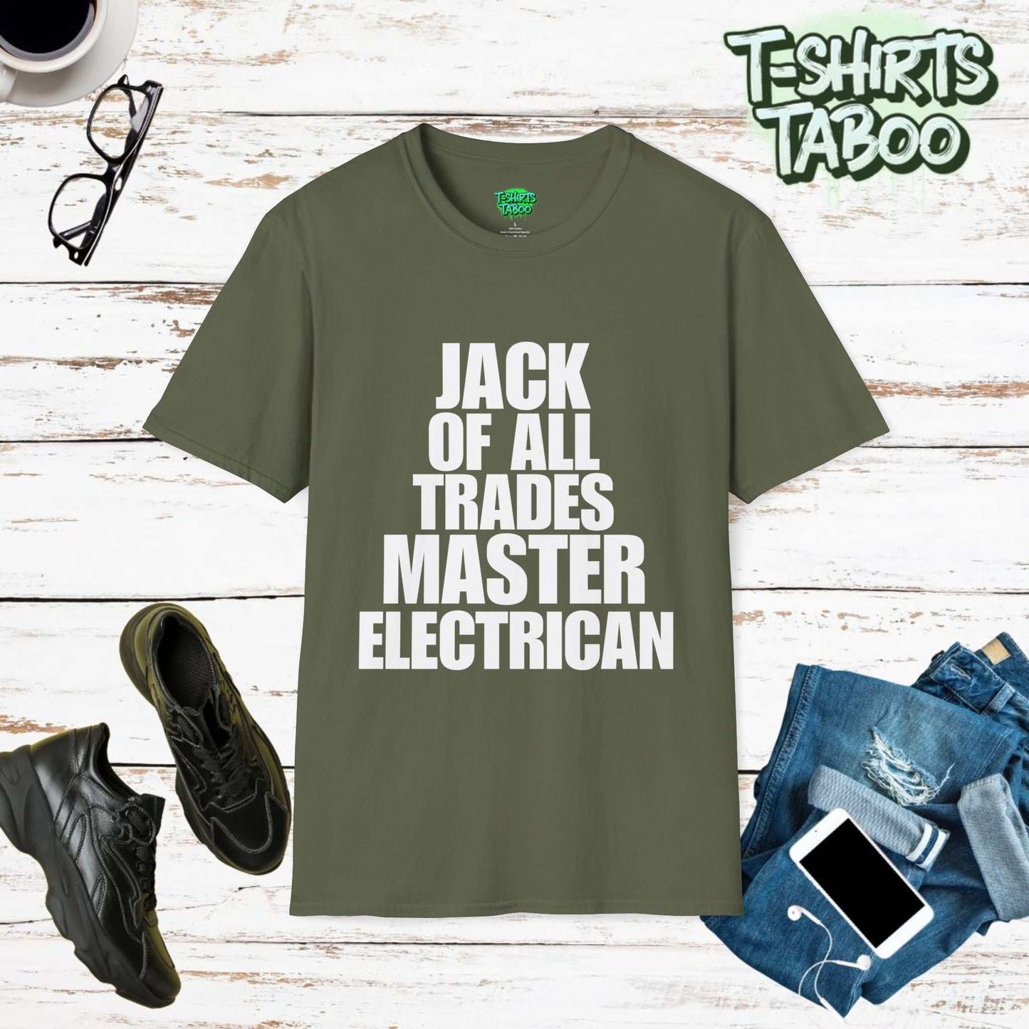 Jack Of All Trades Master Electrician (white text) Unisex Soft T-Shirt