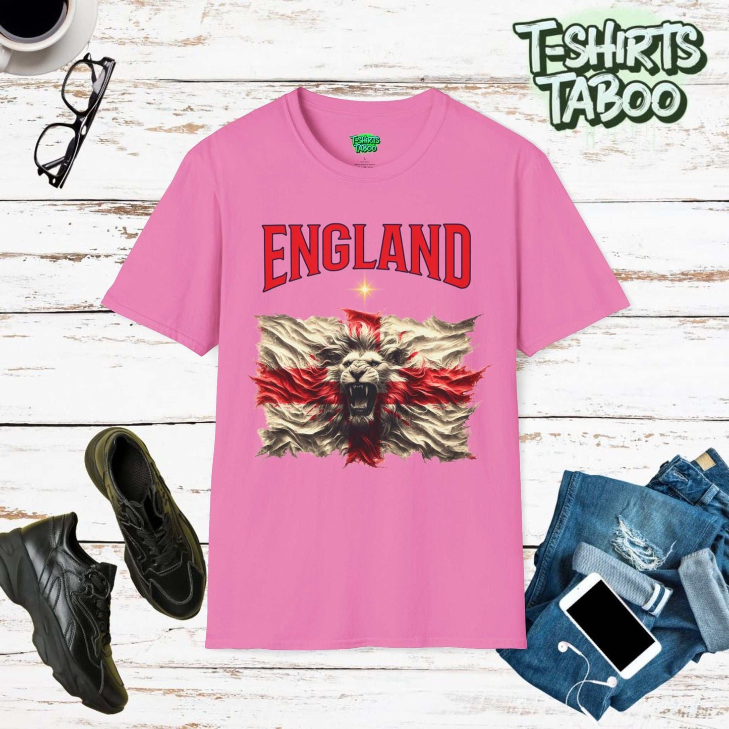 Roaring Lion Unique England Football Supporters Union Jack Flag Tshirtis a unique football t-shirt that is ideal for any England national football supporter and fans