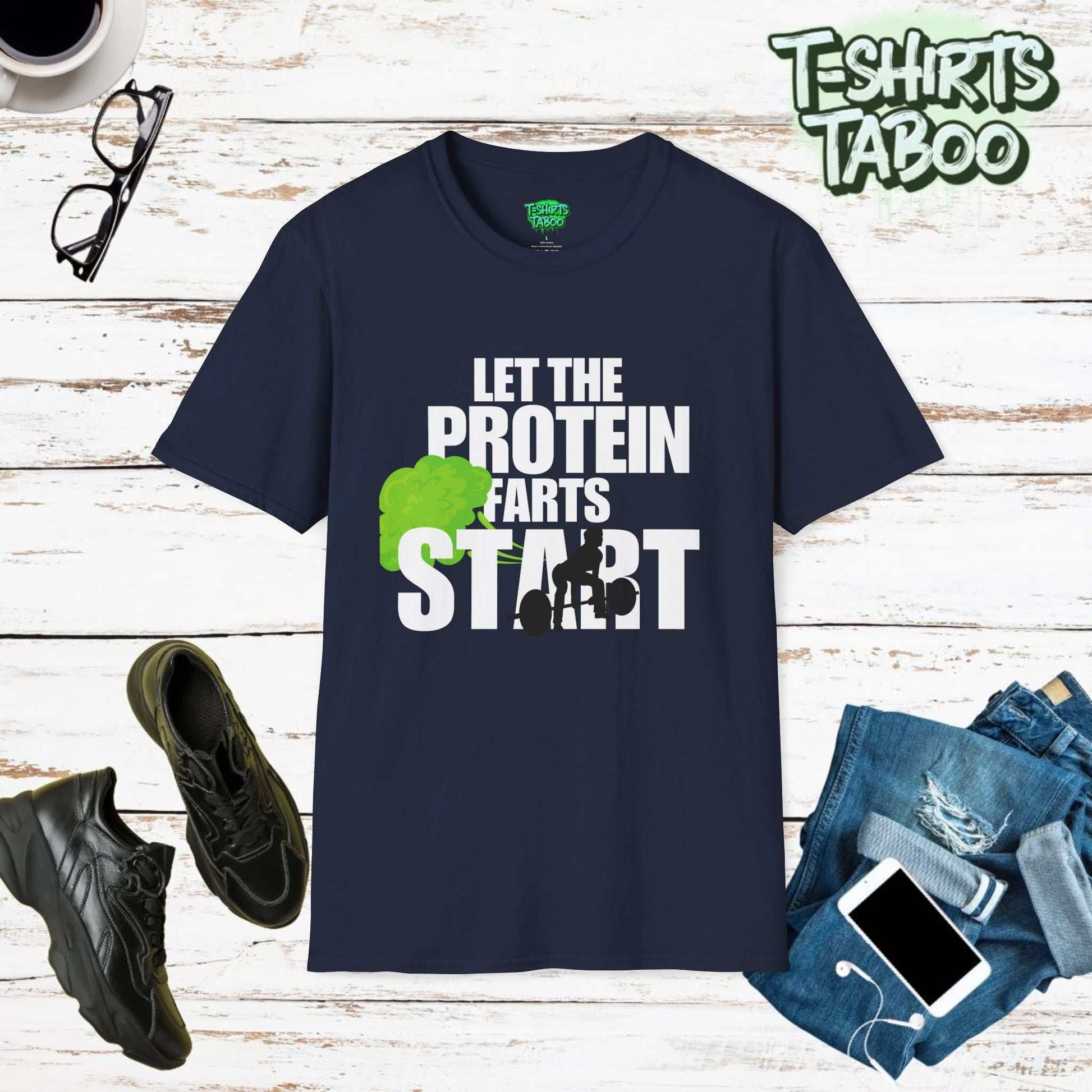 Embrace gym life with our 'Let the Protein Farts Start' tee. A humorous take on protein shake fitness culture. Perfect for anyone who loves a laugh while staying fit