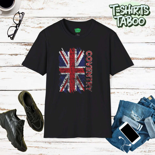 Celebrate British pride and heritage with our Union Jack Flag Distressed Style T-Shirt. This  tee has a beautifully distressed Union Jack flag, with text Coventry